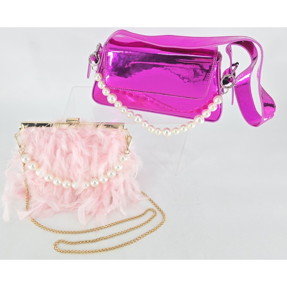2 lot Feather Clutches Purses Women Bag Pearl Fluffy‎ Evening Handbags Hot Pink